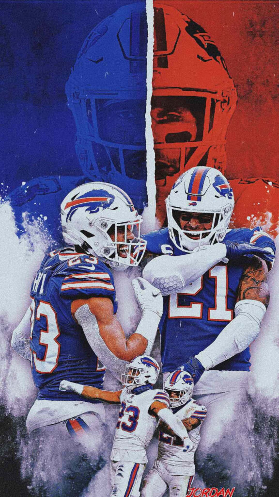 Buffalo Bills players celebrating with red and blue background and bold helmet silhouette wallpaper