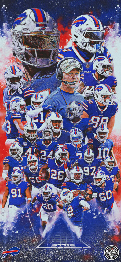 Buffalo Bills football team collage with players and coach in action blue red white wallpaper