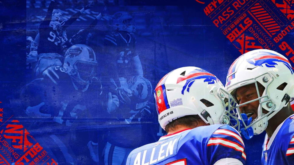 Buffalo Bills players in close talk with bold blue red colors and dynamic NFL action background Wallpaper