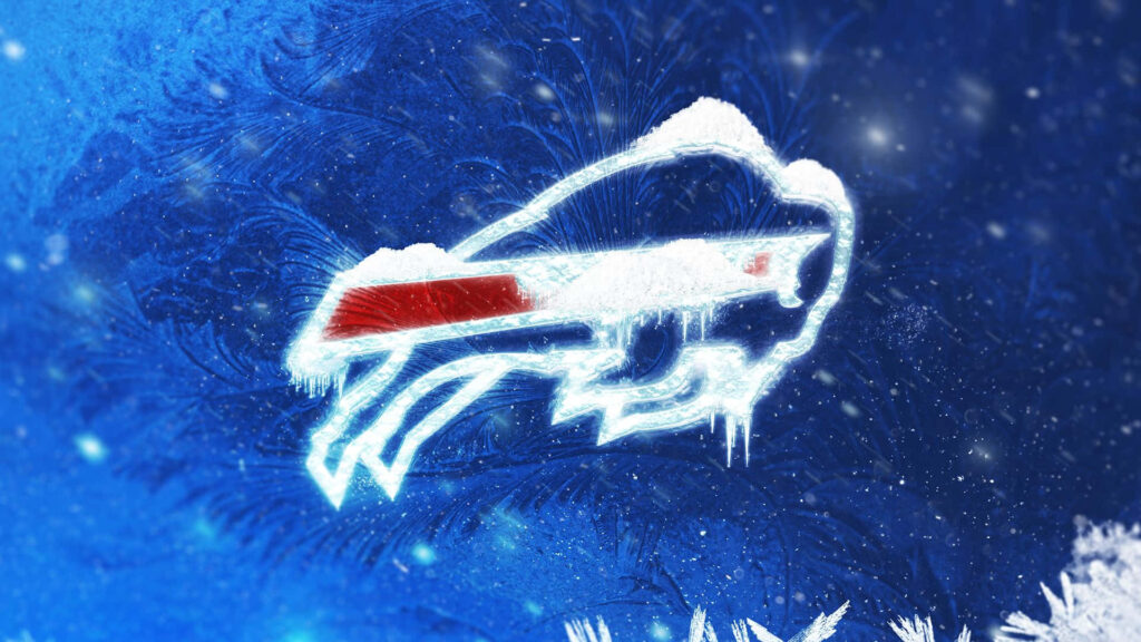 Buffalo Bills logo with icy rim and snow on frosty blue background symbolizing strength Wallpaper