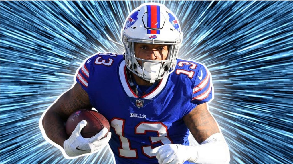 Buffalo Bills Gabe Davis number 13 in blue uniform with dynamic speed-motion blue background wallpaper