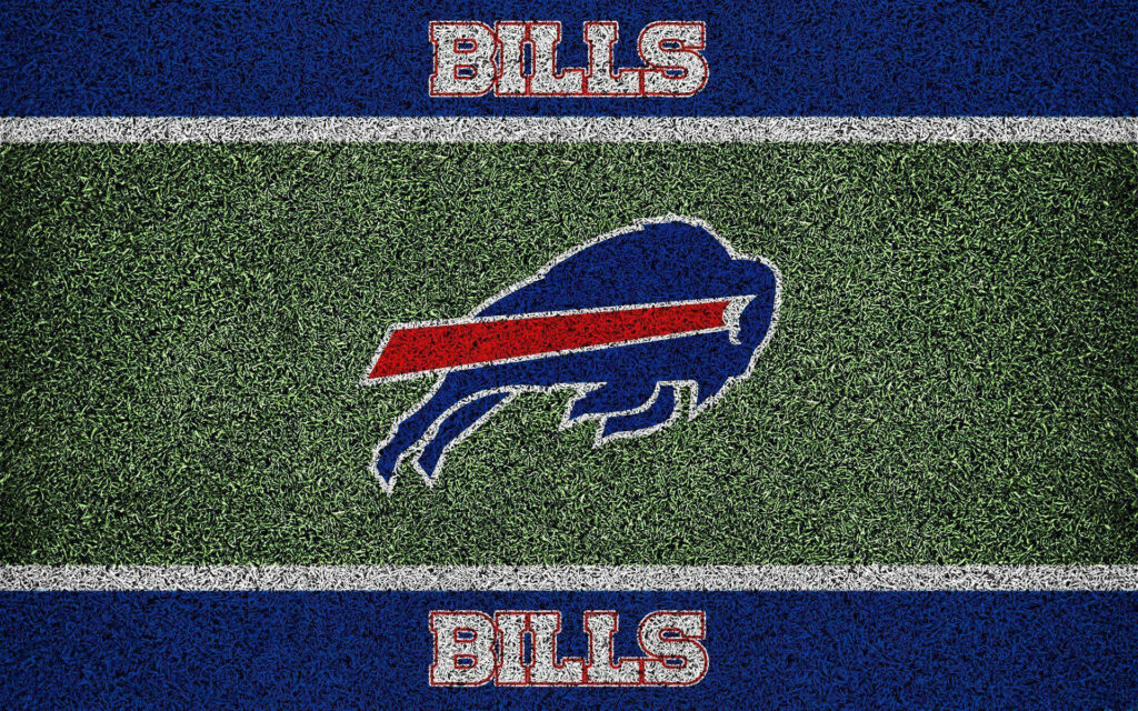 Buffalo Bills logo on textured green football field with blue end zones and team name background Wallpaper