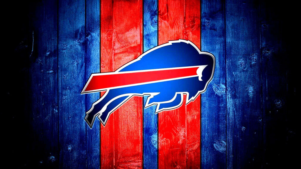 Bold Buffalo Bills logo on textured blue and red wood background wallpaper for fans