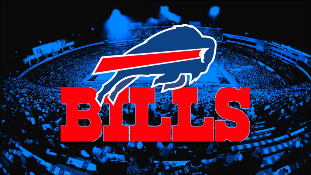 Buffalo Bills logo with bold red letters over blue football stadium wallpaper background game day