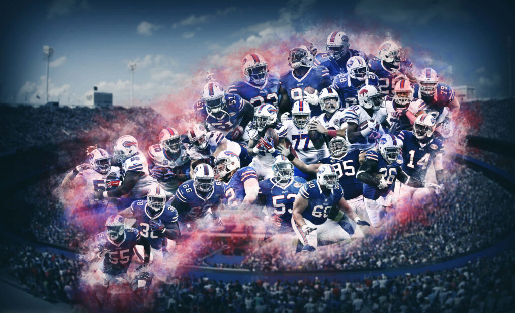 Buffalo Bills team celebrating victory in blue and red uniforms with vibrant stadium background Wallpaper