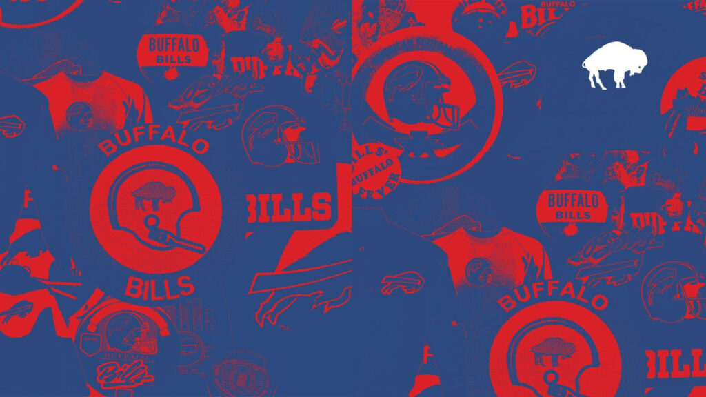 Buffalo Bills wallpaper with team logos helmets and buffalo imagery in red and blue tones