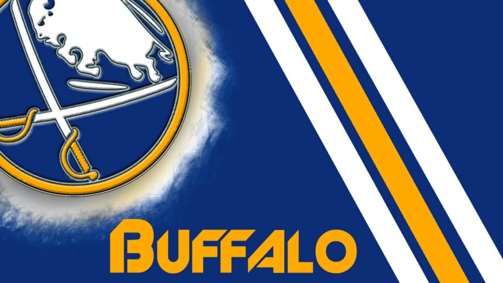 Buffalo Sabres logo with charging buffalo and crossed sabers on blue yellow striped background Wallpaper
