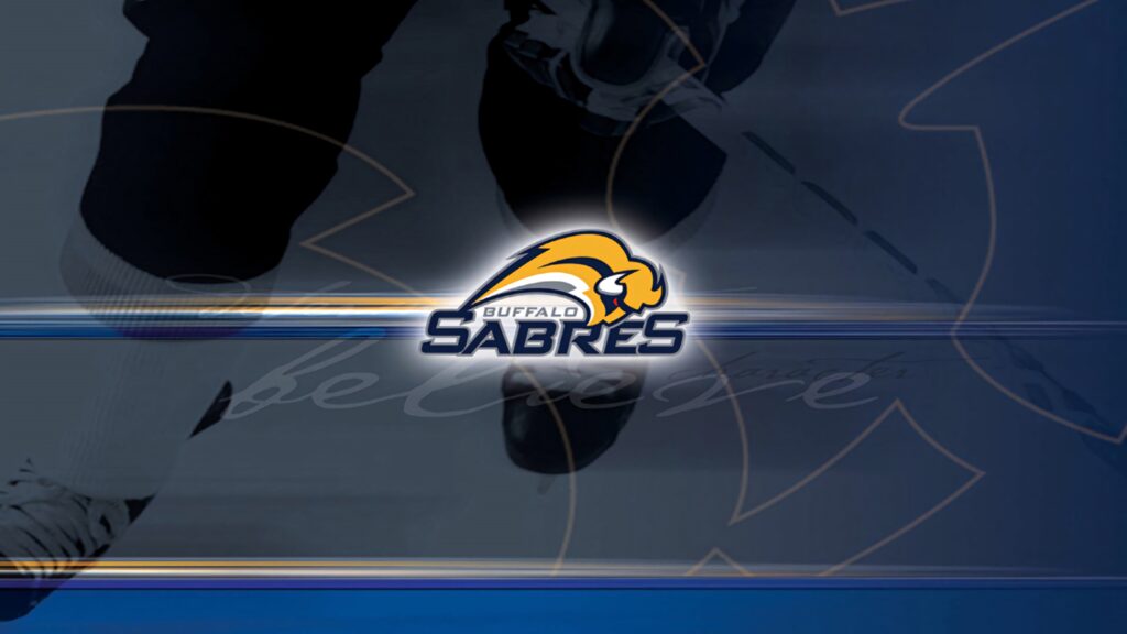 Buffalo Sabres ice rink wallpaper with bold logo blue tones and dynamic hockey action background