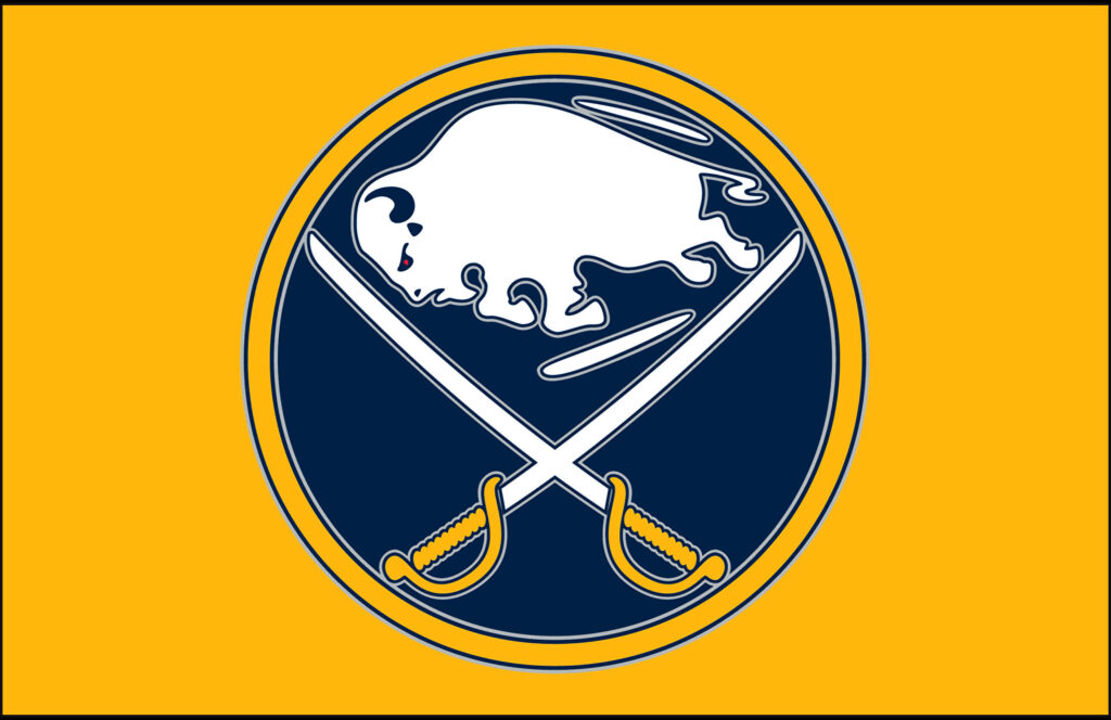 Buffalo Sabres logo centered on yellow background with white buffalo and crossed sabres design Wallpaper