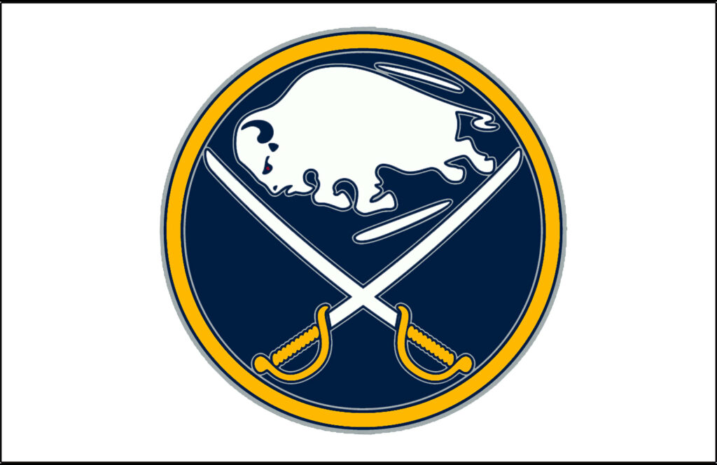 Buffalo Sabres logo with white buffalo and crossed sabres on navy blue and gold background Wallpaper