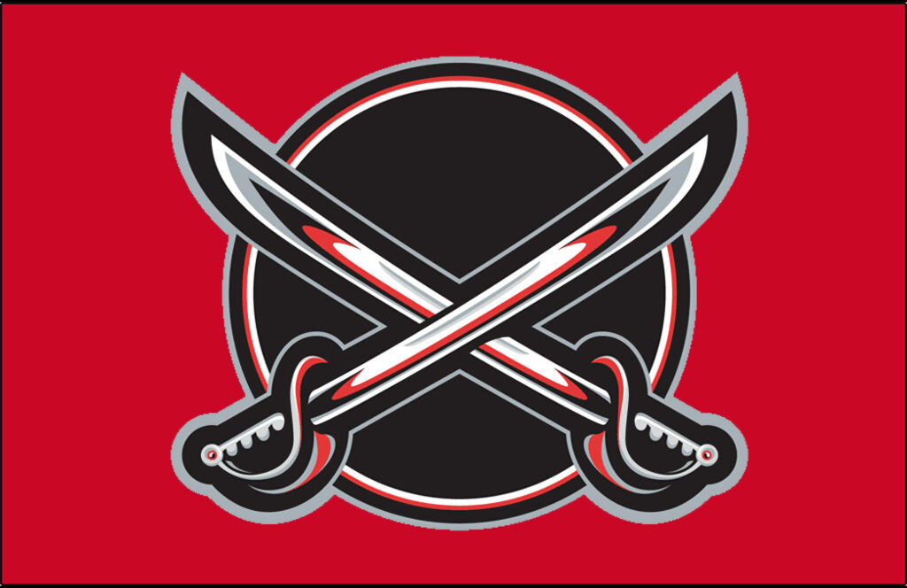 Buffalo Sabres logo with crossed sabres red white grey on bold red sports wallpaper background