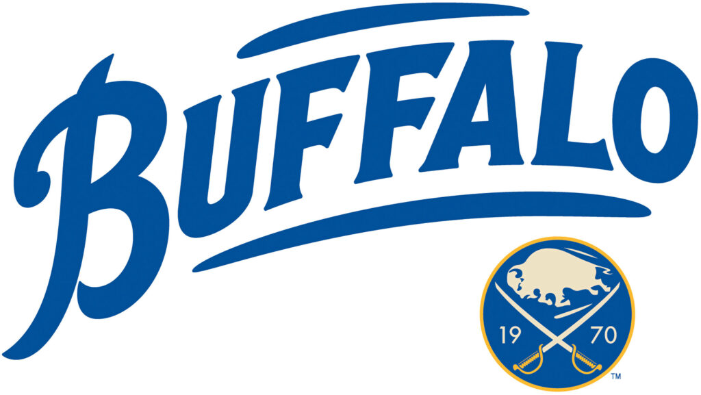 Buffalo Sabres wallpaper with bold blue text and classic round logo featuring white buffalo and swords