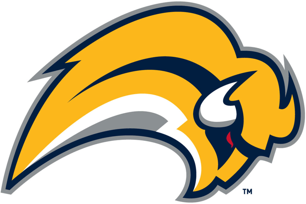 Bold yellow Buffalo Sabres logo with navy blue outline on vibrant modern sports wallpaper background