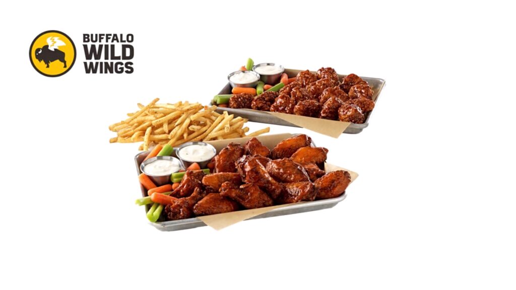 Buffalo Wild Wings wallpaper with crispy chicken wings fries veggies ranch dip and logo background