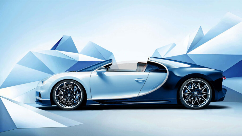 Bugatti 2009 graphic convertible wallpaper with sleek blue white design and geometric background