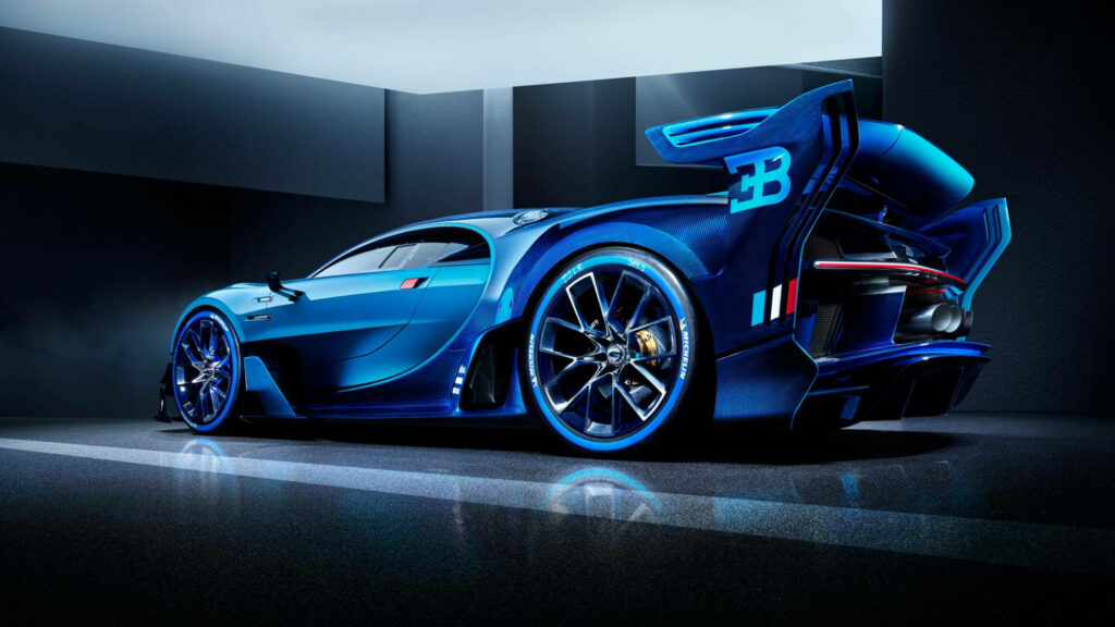 Bugatti 3B blue sports car wallpaper aerodynamic design rear wing modern dimly lit background