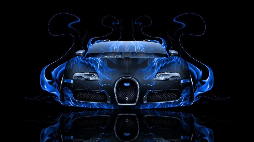 Sleek black Bugatti with vivid blue flames on hood and background glossy reflective surface wallpaper