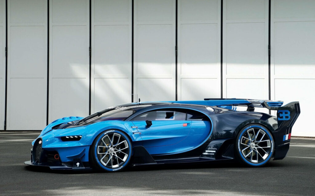 Bugatti blue sports car with sleek aerodynamic design parked against minimalist white background Wallpaper