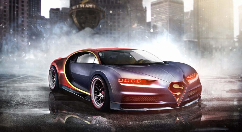 Bugatti Chiron with Superman inspired design featuring superhero colors and S logo city background Wallpaper