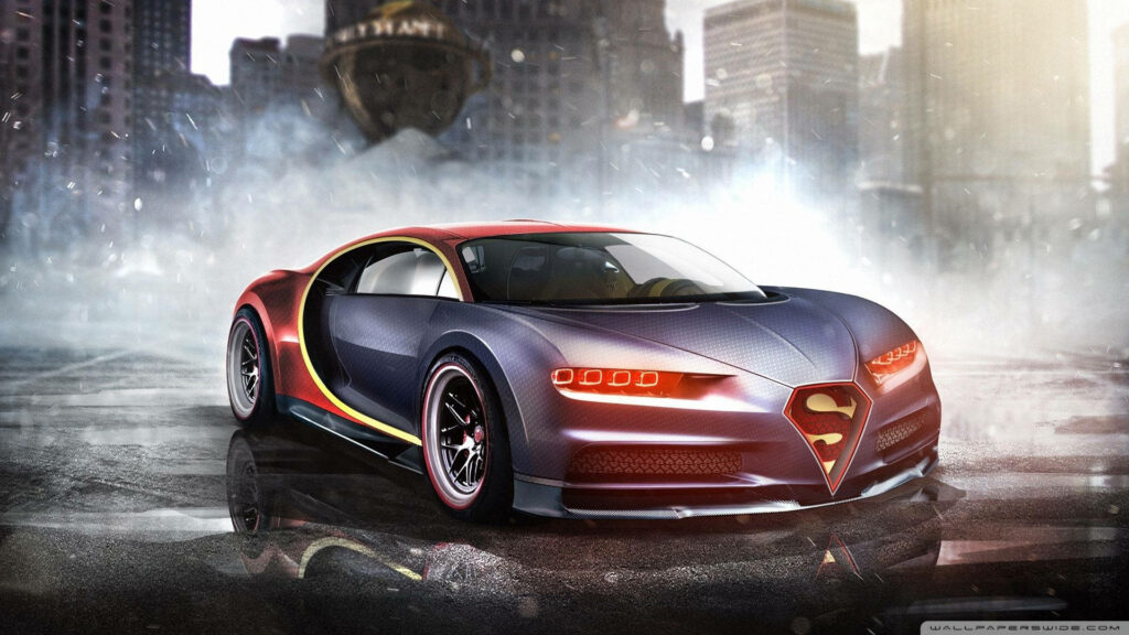 Custom Bugatti Chiron Superman Edition with vibrant red blue accents and misty urban backdrop wallpaper