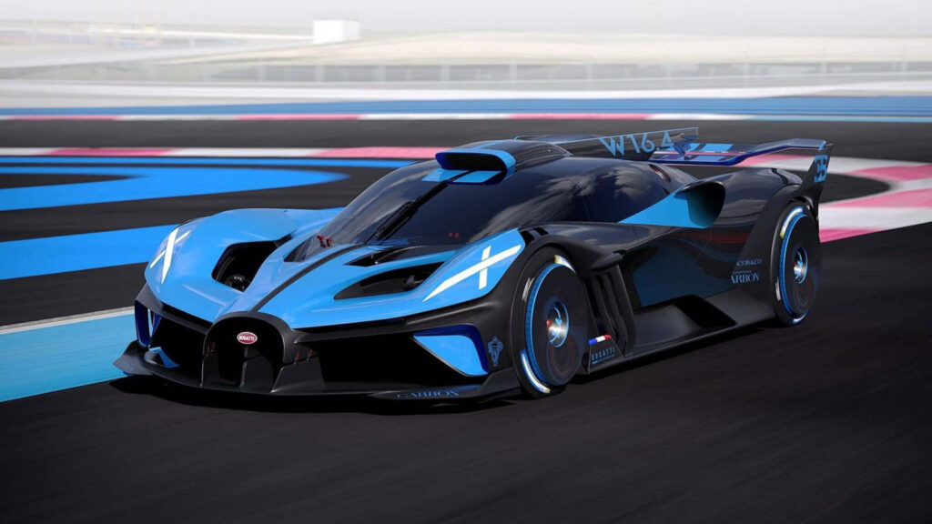 Blue and black Bugatti Divo racing on modern track with sleek aggressive supercar design wallpaper