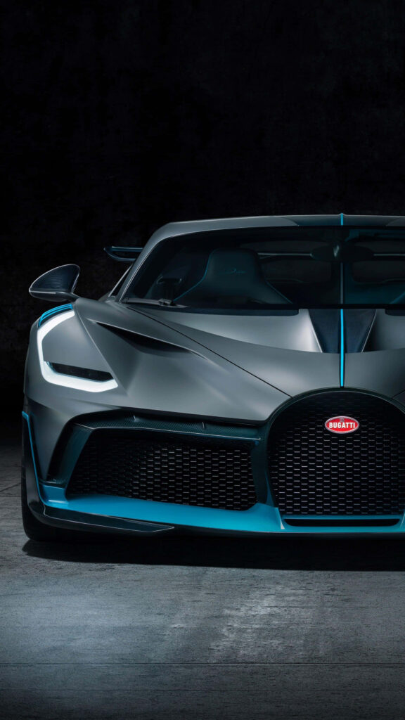 Bugatti luxury sports car front view with aerodynamic curves and blue accents on dark background Wallpaper