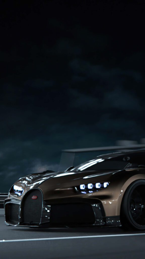 Bugatti sports car with futuristic LED headlights under dramatic night sky luxury wallpaper