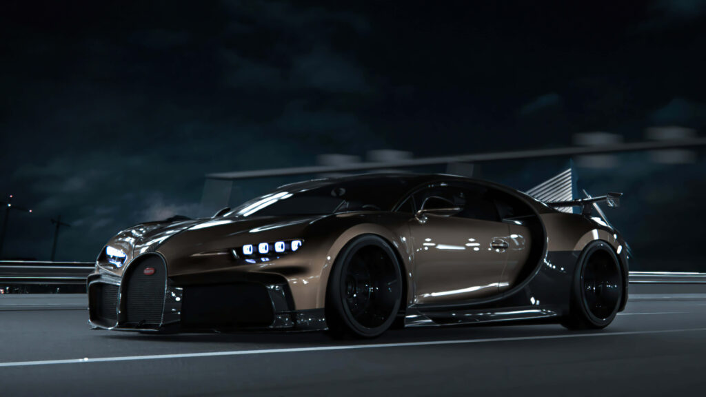 Bugatti supercar racing at night with metallic curves illuminated in vibrant city lights wallpaper
