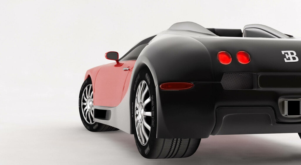3D render of Bugatti Veyron showcasing sleek curves and distinctive rear lights on white background Wallpaper