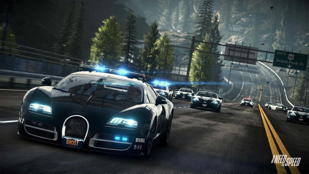 Black Bugatti Veyron in high-speed police chase on scenic mountain highway Need for Speed PC wallpaper