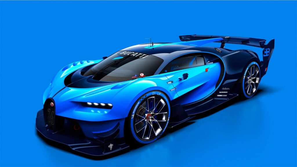 Bugatti Vision Gran Turismo blue wallpaper showcasing sleek aerodynamic design and aggressive styling