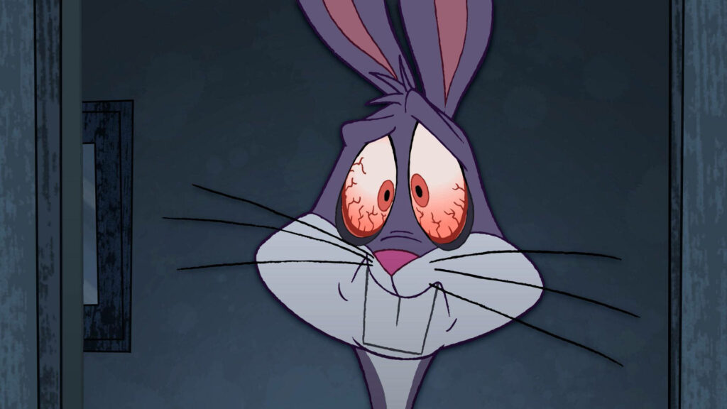 Bugs Bunny with intense expression on dark blue vibrant cartoon wallpaper background