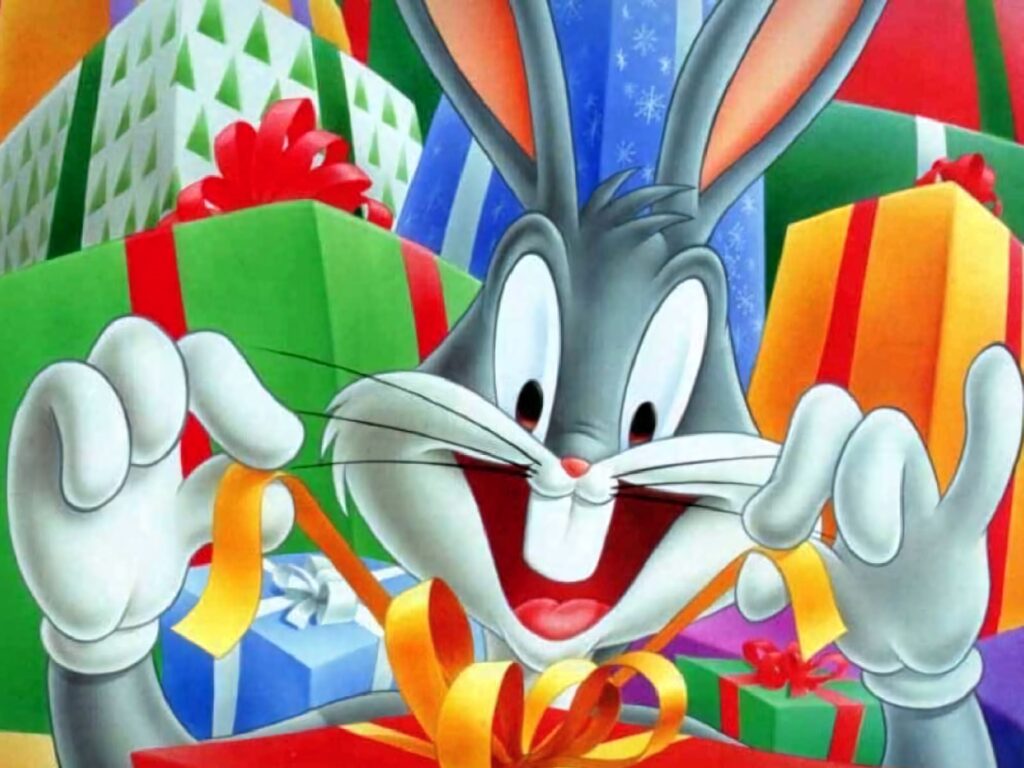 Bugs Bunny happily opening colorful presents festive cartoon wallpaper background holiday scene