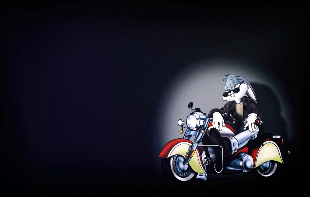 Bugs Bunny in leather jacket riding red motorcycle vintage biker wallpaper dark background