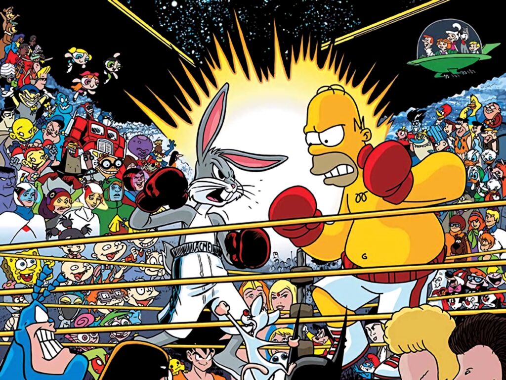 Bugs Bunny and Homer Simpson boxing in vibrant cartoon crossover wallpaper with lively crowd