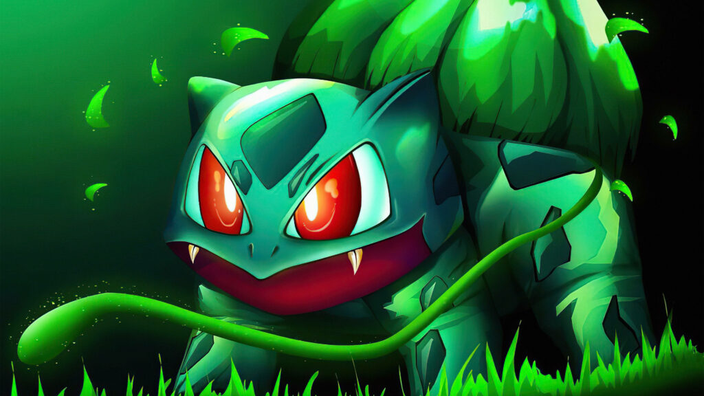 Bulbasaur fanart with glowing red eyes sharp fangs vibrant green foliage dynamic lighting wallpaper