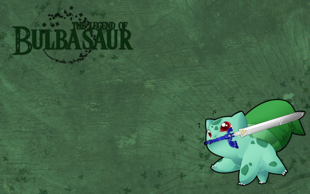 Bulbasaur holding a fantasy sword on textured green background Pokémon crossover wallpaper