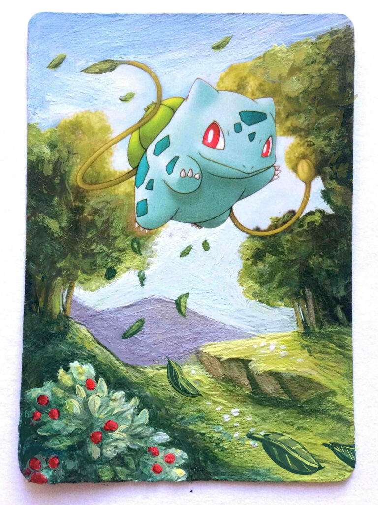 Bulbasaur flying joyfully through sunlit forest with swirling leaves vibrant green wallpaper background