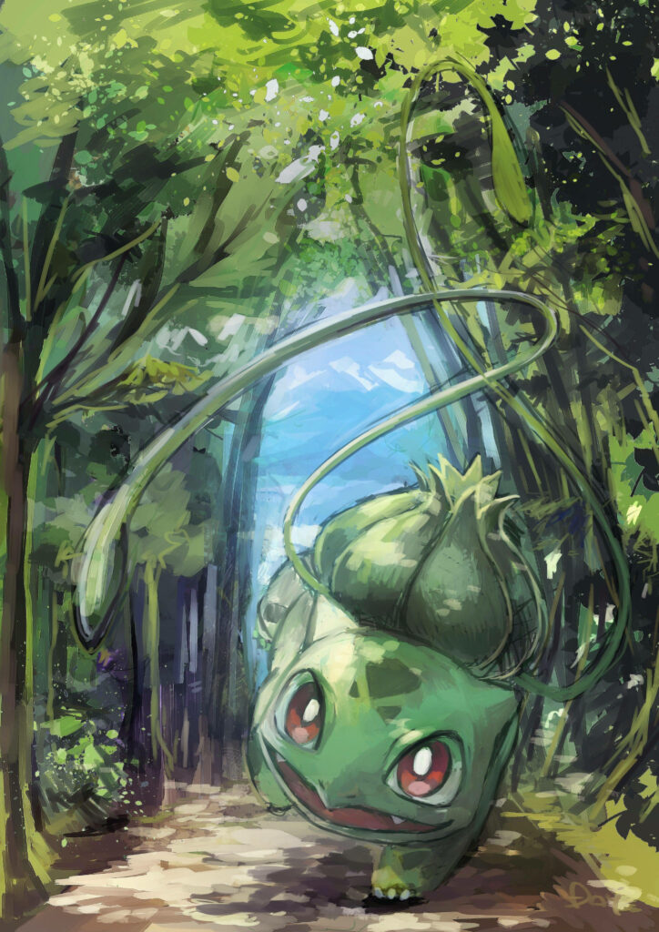 Watercolor Bulbasaur dashing through sunlit lush forest path vibrant Pokémon wallpaper background