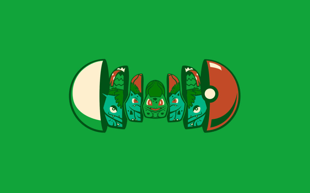 Bulbasaur Ivysaur Venusaur evolution inside split Pokeball vibrant green minimalist wallpaper