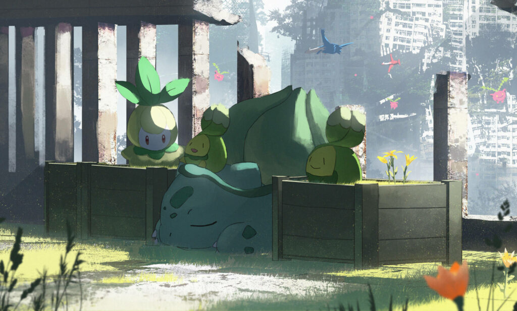 Bulbasaur napping peacefully in lush greenery with vibrant flowers and gentle sunlight digital art Wallpaper