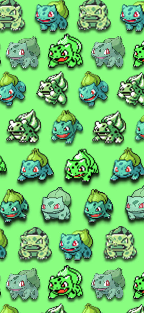 Playful Bulbasaur pixel art pattern wallpaper vibrant green background nostalgic Pokémon design