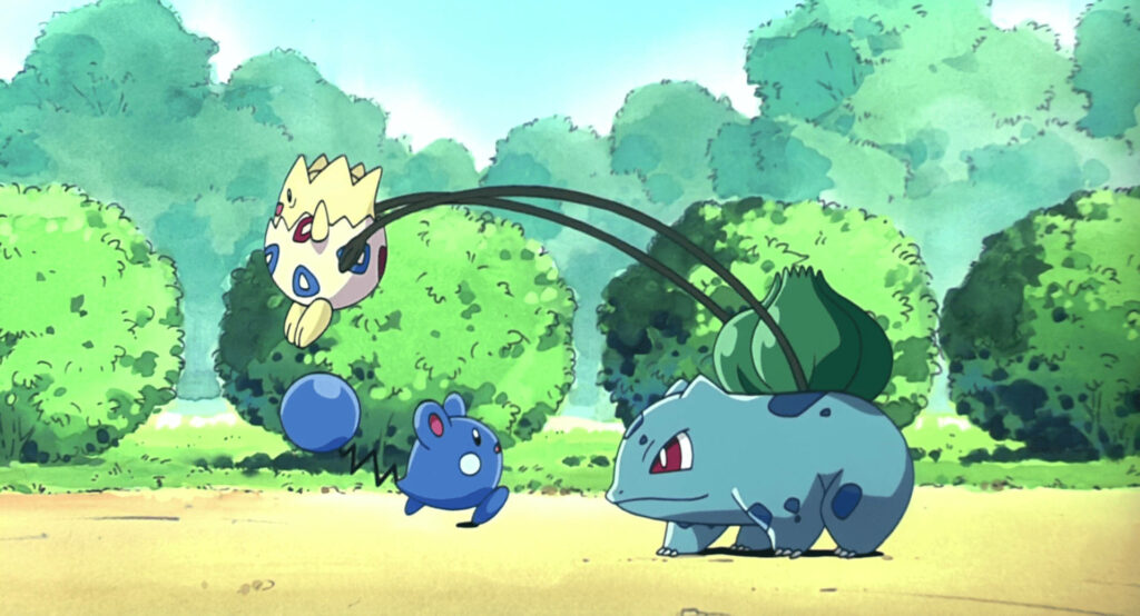 Bulbasaur's Gentle Care: A Pokémon Trio's Heartwarming Encounters in Anime-Inspired Landscape Wallpaper