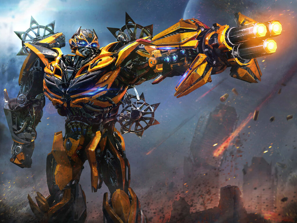 Bumblebee superhero robot with glowing weapons in futuristic battle scene wallpaper background