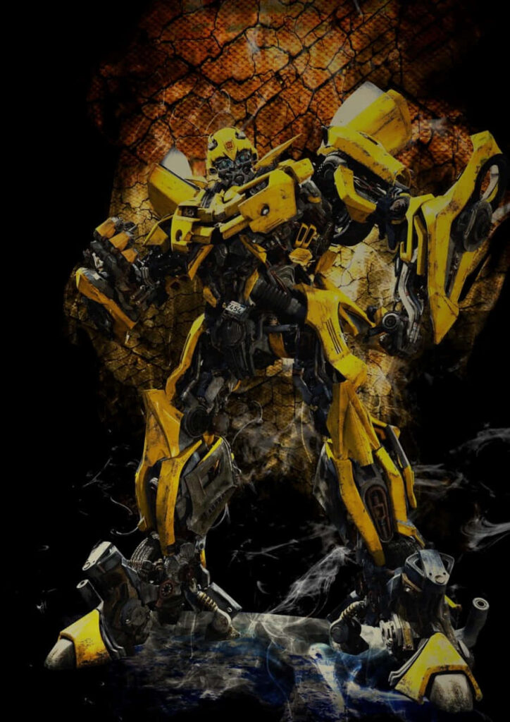 Bumblebee Autobot in dynamic pose fiery background showcasing strength and Earth protector Wallpaper