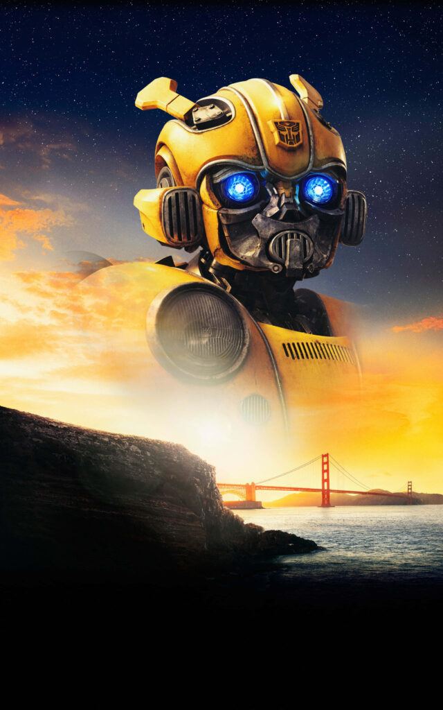 Bumblebee Transformer flying over Golden Gate Bridge at sunset vibrant skyline wallpaper background