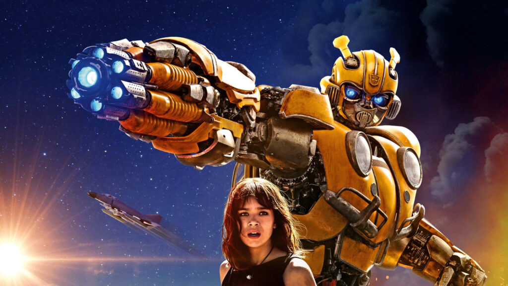 Bumblebee from Transformers protecting woman under starry sky with spaceship action wallpaper