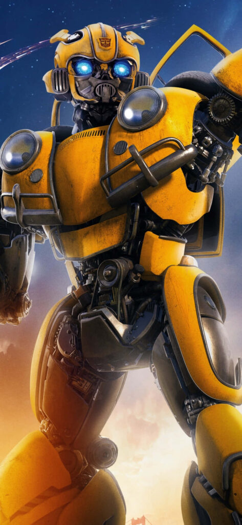Bumblebee Transformer poised for action with vibrant sky background dynamic energy wallpaper