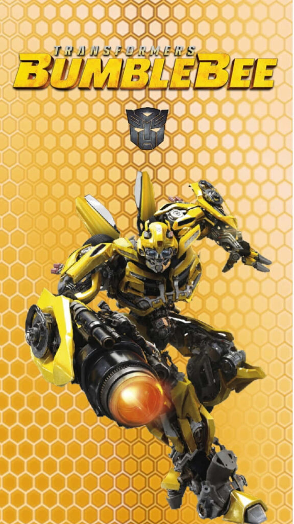 Closeup of Bumblebee Transformer in yellow and black with detailed robotic features honeycomb background Wallpaper