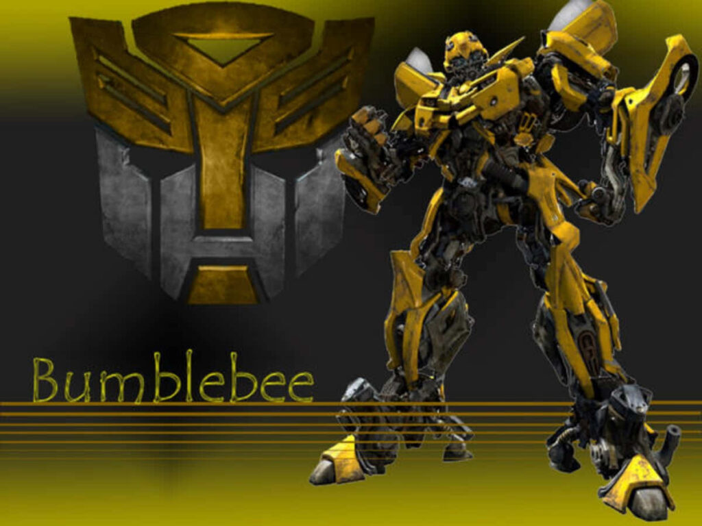 Bumblebee Transformer wallpaper showing yellow robot in powerful stance with Autobot symbol background